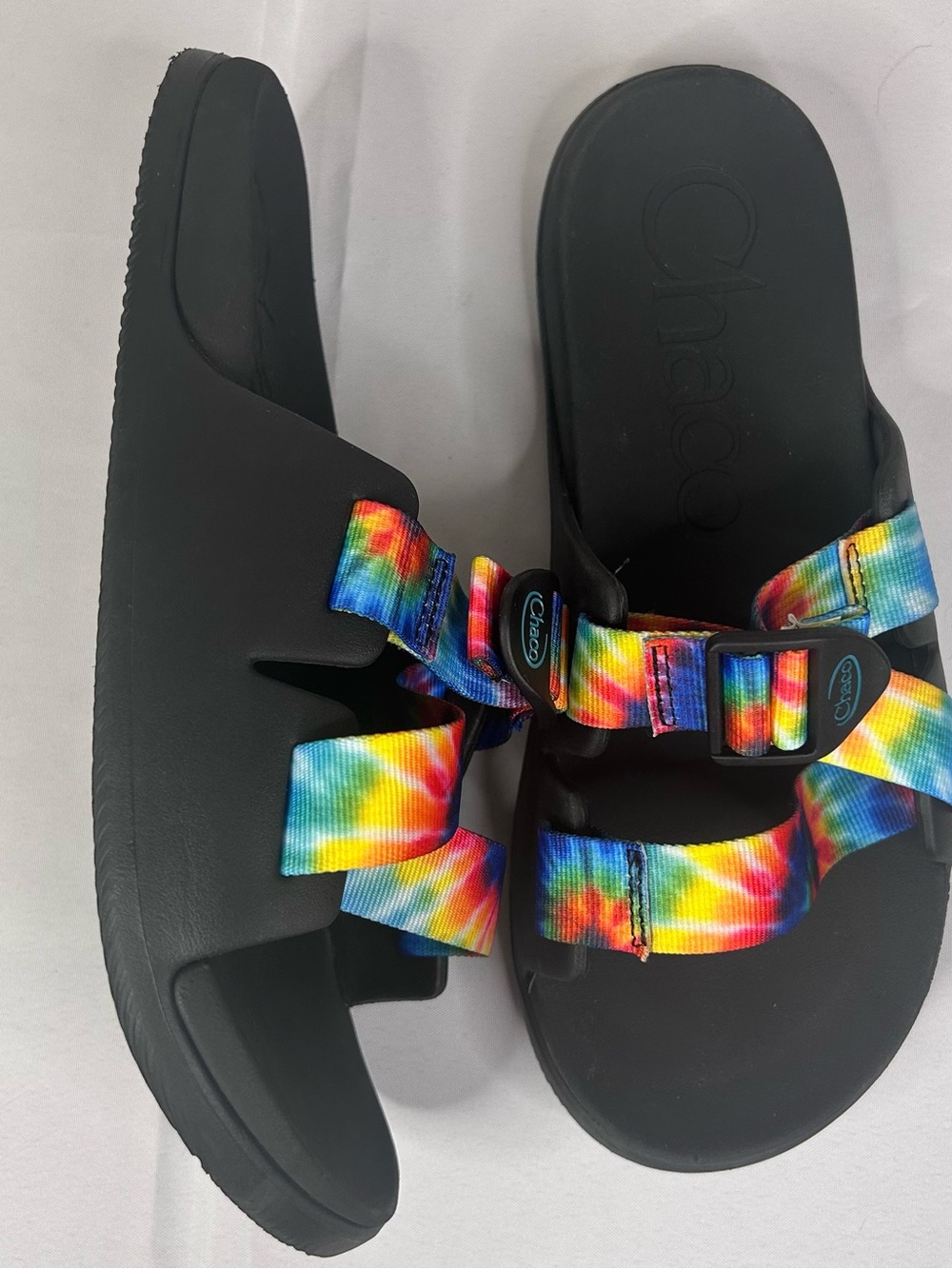 Chaco womens Black Slides with Rainbow Tie-Dye Straps